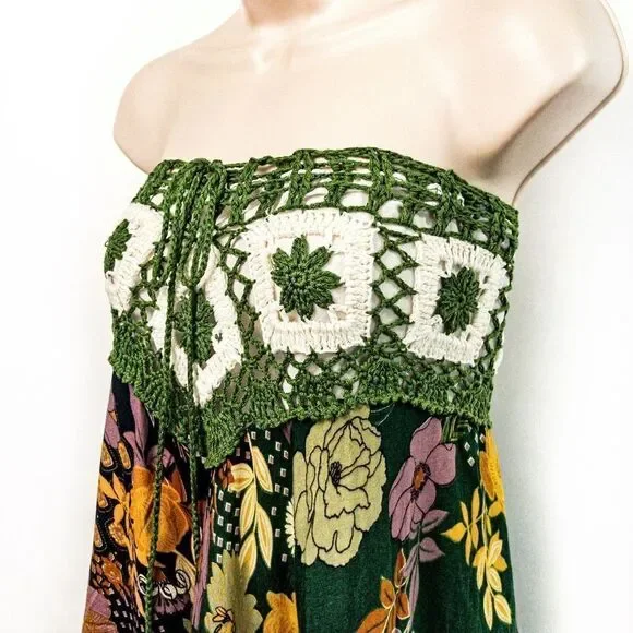 Thai Green Floral Crocheted Bodice Midi Summer Dress Sz S/M - Picture 4 of 11